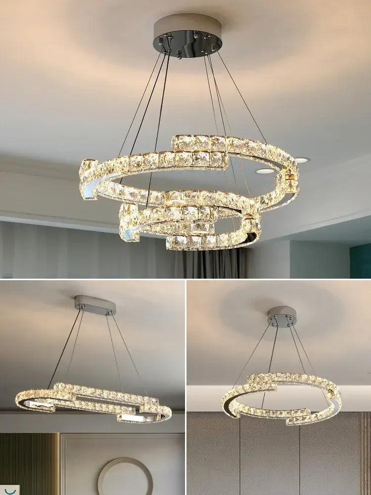 A modern chrome crystal led pendant light with multi-tiered interlocking rings for dining room decorbites crystal led