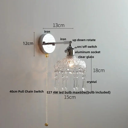 Modern chrome crystal led wall light with polished iron base, aluminum socket, and clear glass shade with crystal droplets