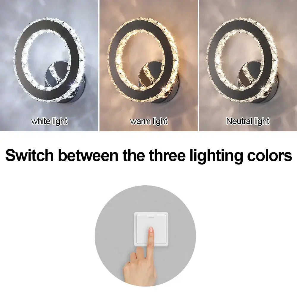 Modern chrome crystal led wall sconce with circular design and adjustable lighting modes for living room decorbites crystal led