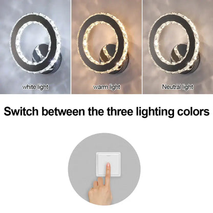 Modern chrome crystal led wall sconce with circular design and adjustable lighting modes for living room decorbites crystal led