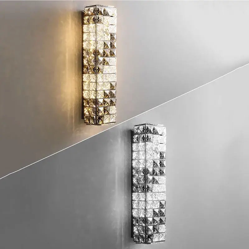 Modern chrome crystal mosaic wall lamp featuring crystal-encrusted gold and clear faceted glass panels by decorbites
