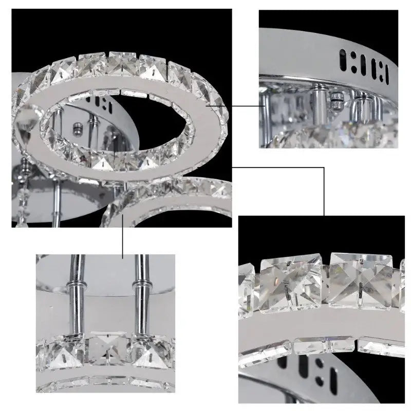 Modern chrome crystal nordic led ceiling chandelier with concentric rings and faceted clear crystals for living room