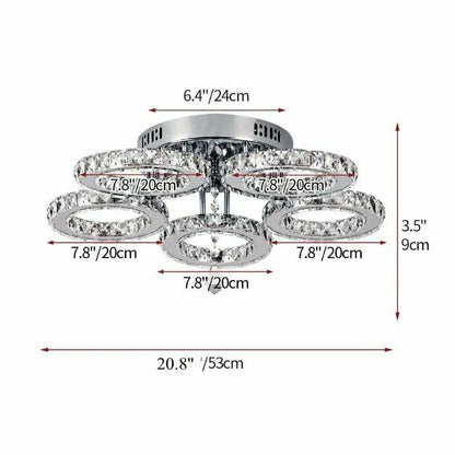 Modern chrome crystal nordic led ceiling chandelier with five circular rings and clear crystal accents for living room