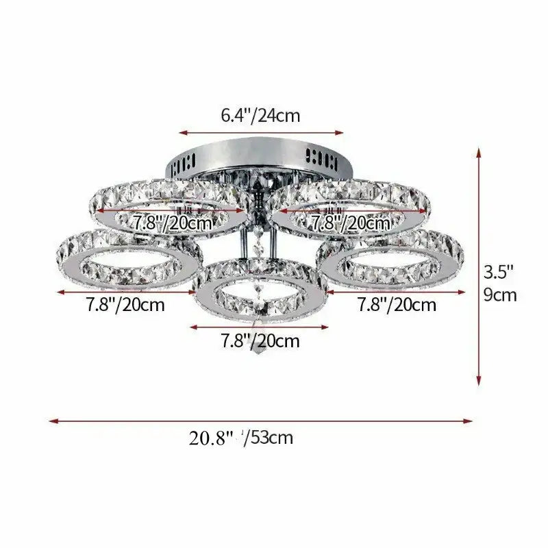 Modern chrome crystal nordic led ceiling chandelier with five circular rings and clear crystal accents for living room