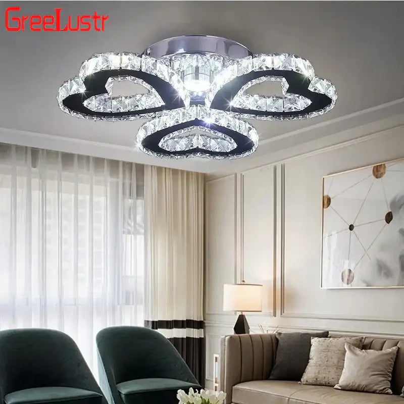 Modern chrome crystal nordic led ceiling chandelier with three interlocking rings flower design by greelustr