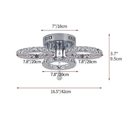Modern chrome crystal nordic led ceiling chandelier with three circular crystal rings and central dangling crystal for living room