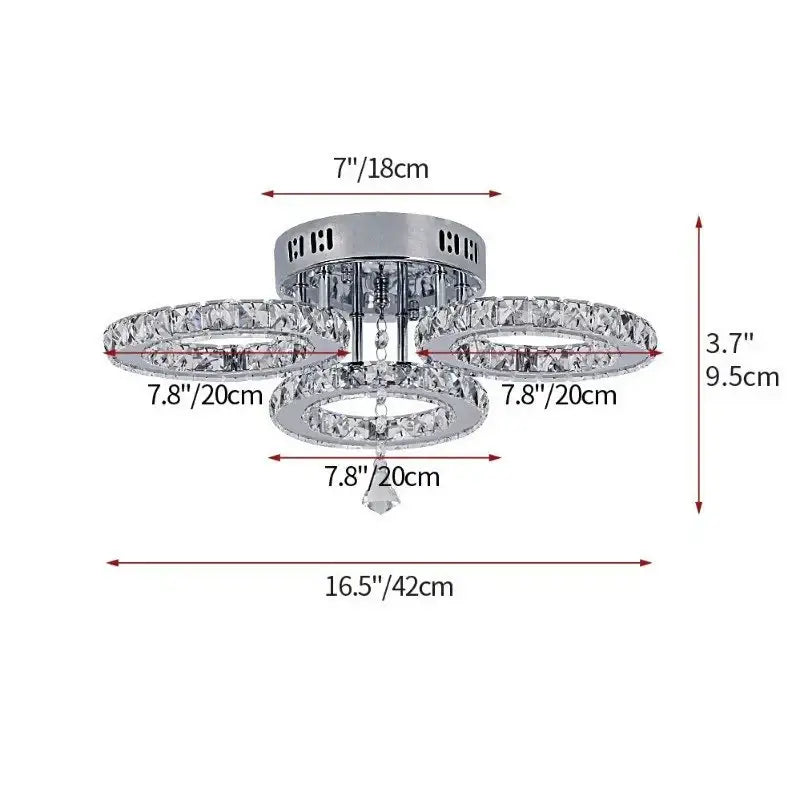 Modern chrome crystal nordic led ceiling chandelier with three circular crystal rings and central dangling crystal for living room