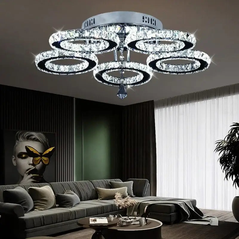 Modern chrome crystal nordic led ceiling chandelier with concentric rings and teardrop pendant for living room lighting