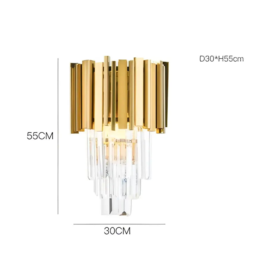 Modern chrome crystal oval led chandelier featuring a gold-toned wall sconce with cascading clear crystal rods decorbites crystal oval