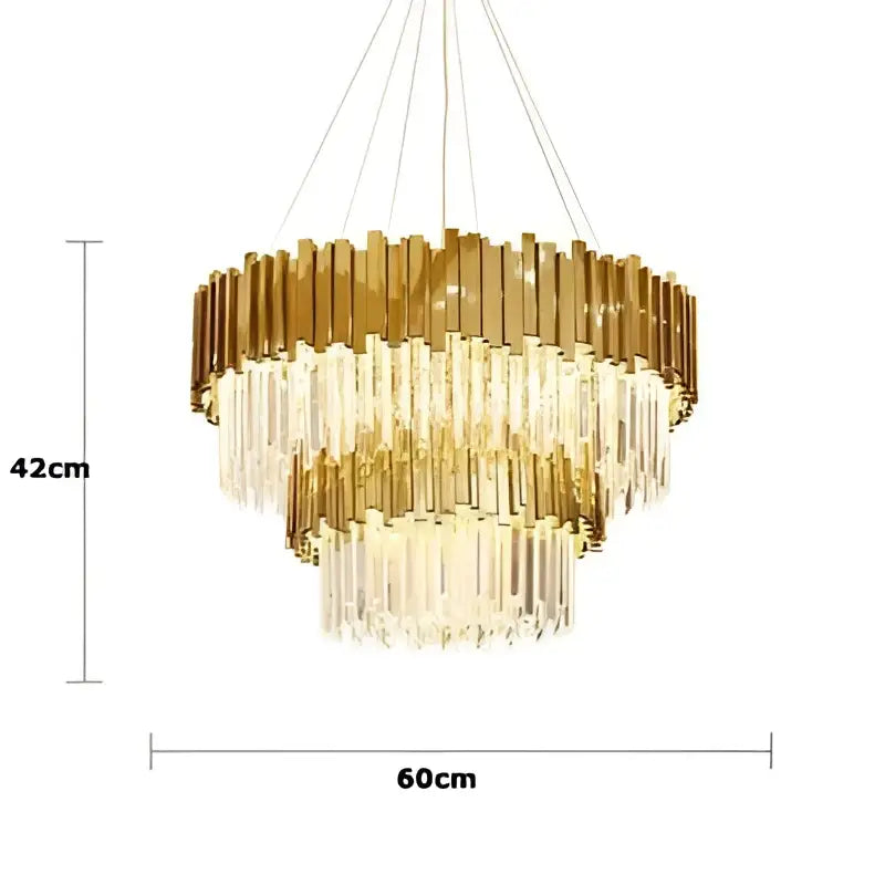 Modern chrome crystal oval led chandelier with gold-toned cascading crystal rods and tiered circular design for dining room decorbites crystal oval