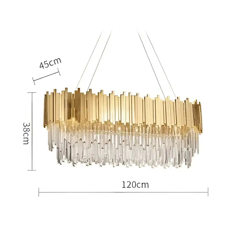 Modern chrome decorbites crystal oval led chandelier featuring gold-toned frame and clear crystals for dining room decor