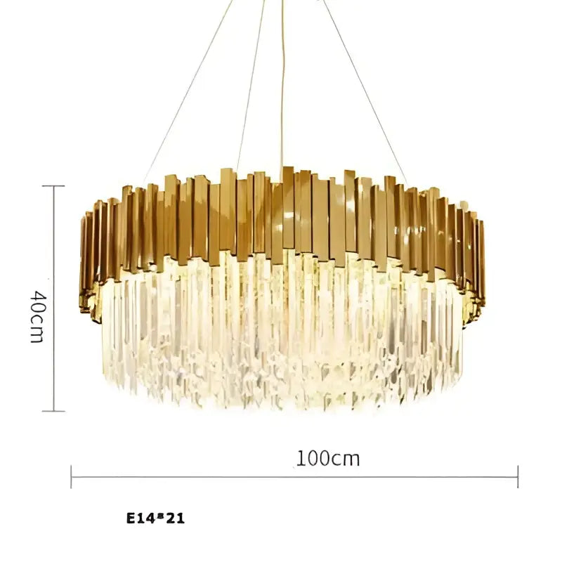 Modern chrome crystal oval led chandelier with gold-toned circular frame vertical bars and cascading crystal droplets