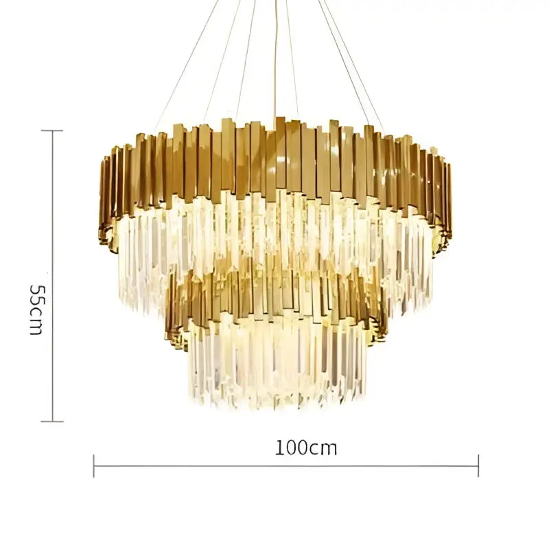 Modern chrome crystal oval led chandelier with golden tiered brass frames and cascading clear prisms for dining room decorbites crystal oval