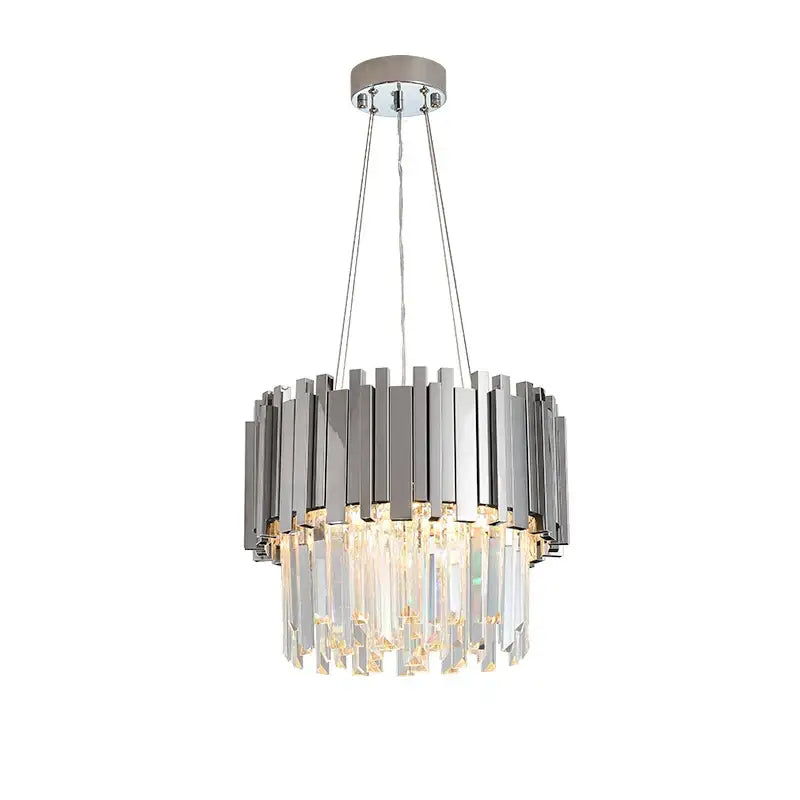 Modern chrome crystal oval led chandelier with vertical metallic bars and cascading clear prisms for dining room decorbites crystal oval use