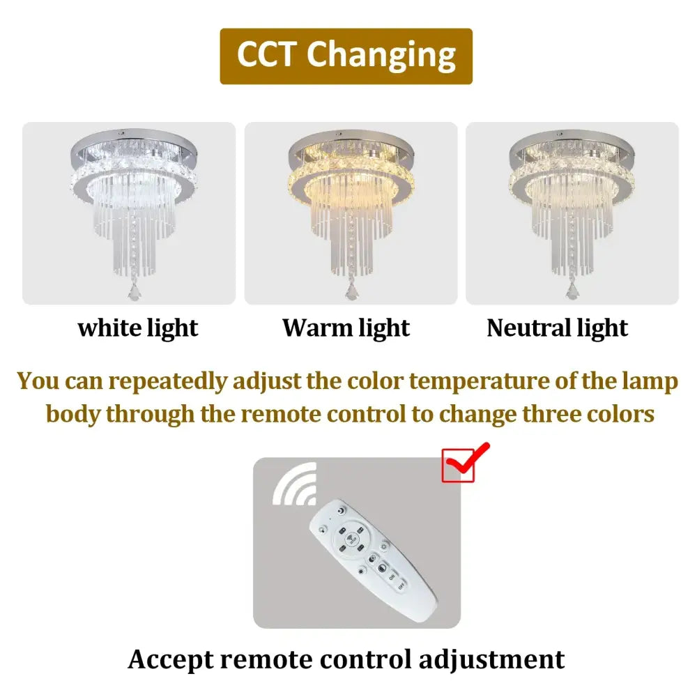 Modern chrome crystal raindrop chandelier with cascading glass prisms and adjustable white warm neutral ceiling light settings
