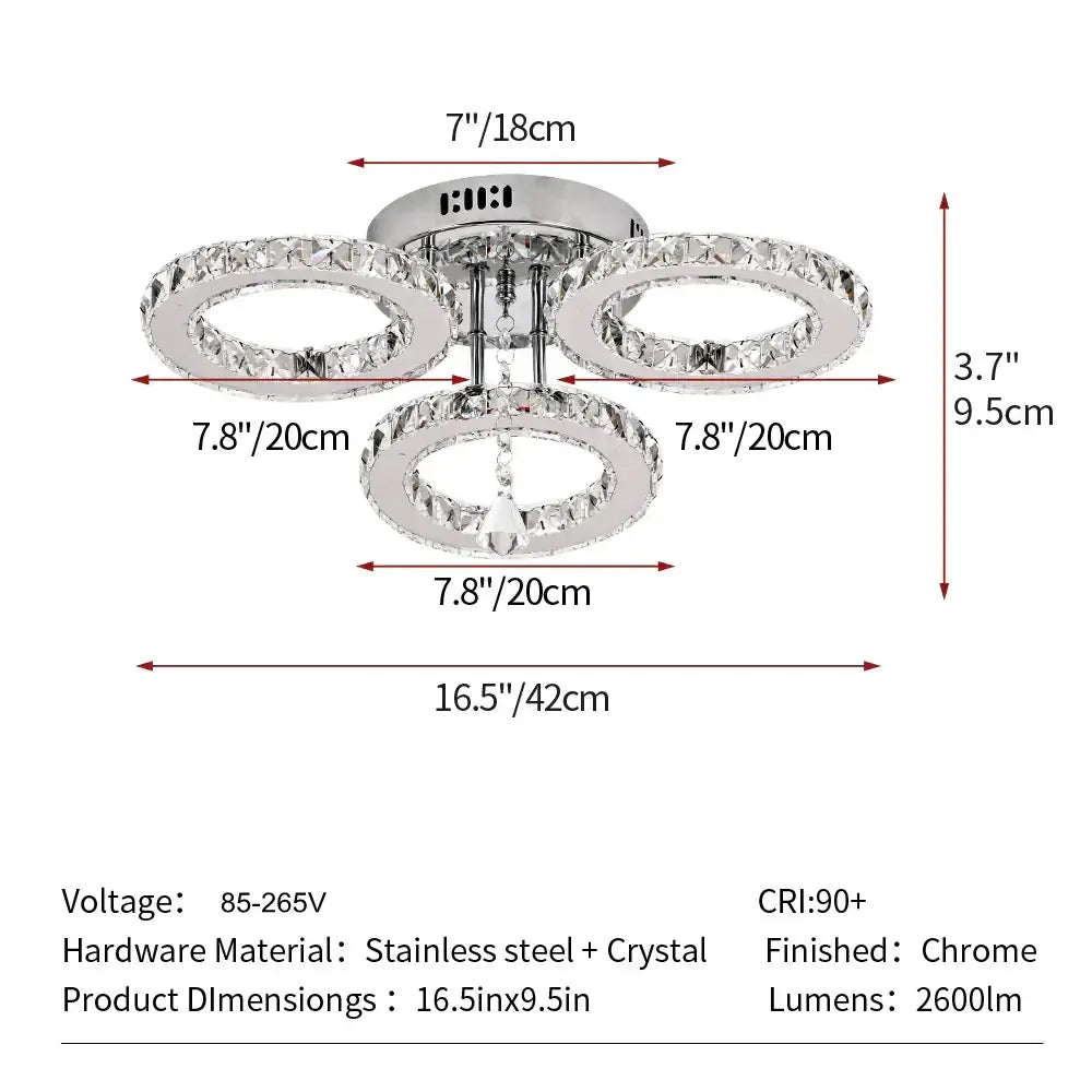 Modern chrome crystal raindrop chandelier ceiling light with three circular rings and central hanging crystal for dining room decorbites