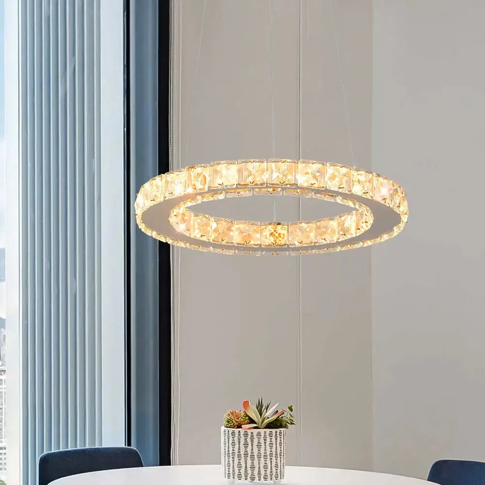 Modern chrome crystal ring chandelier pendant light with double rings faceted crystals and warm led lighting decorbites crystal ring