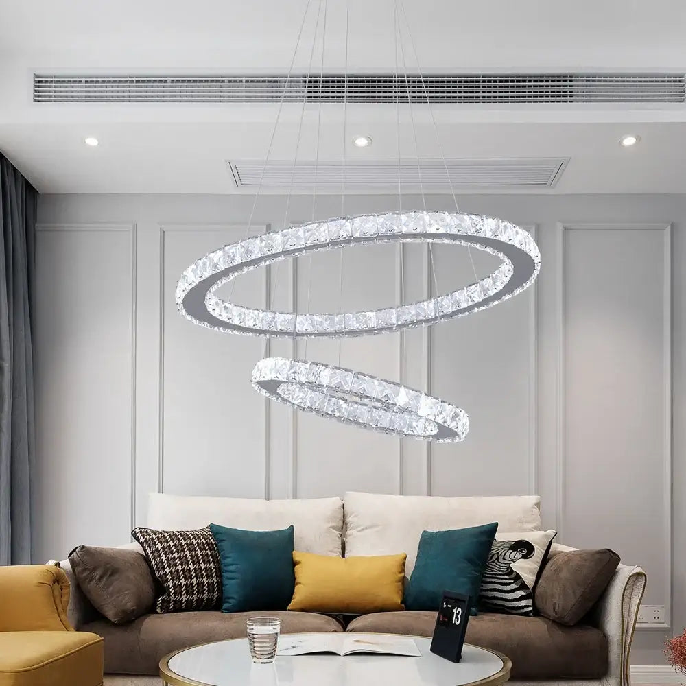 Modern chrome crystal ring chandelier pendant light with double crystal-encrusted rings and sleek silver finish decorbites crystal ring