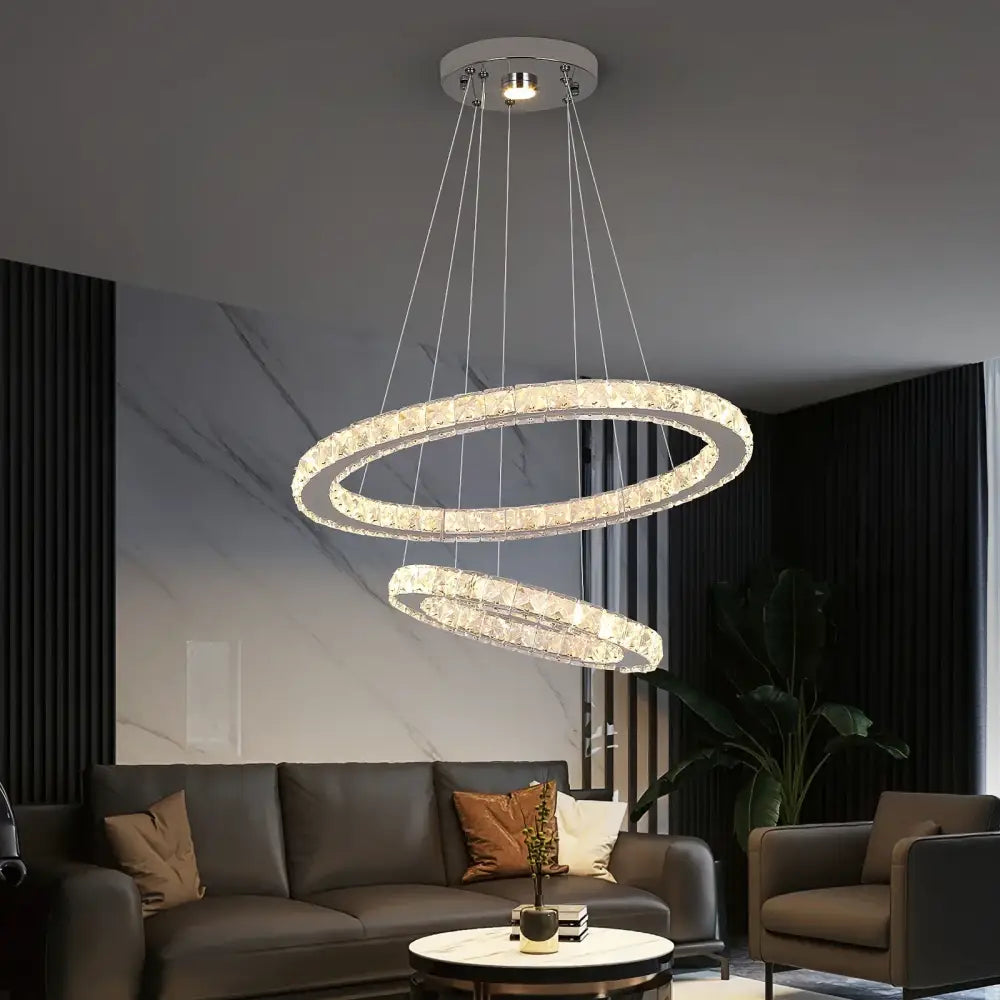 Modern chrome crystal ring chandelier featuring double crystal-encrusted rings pendant light for dining room decorbites