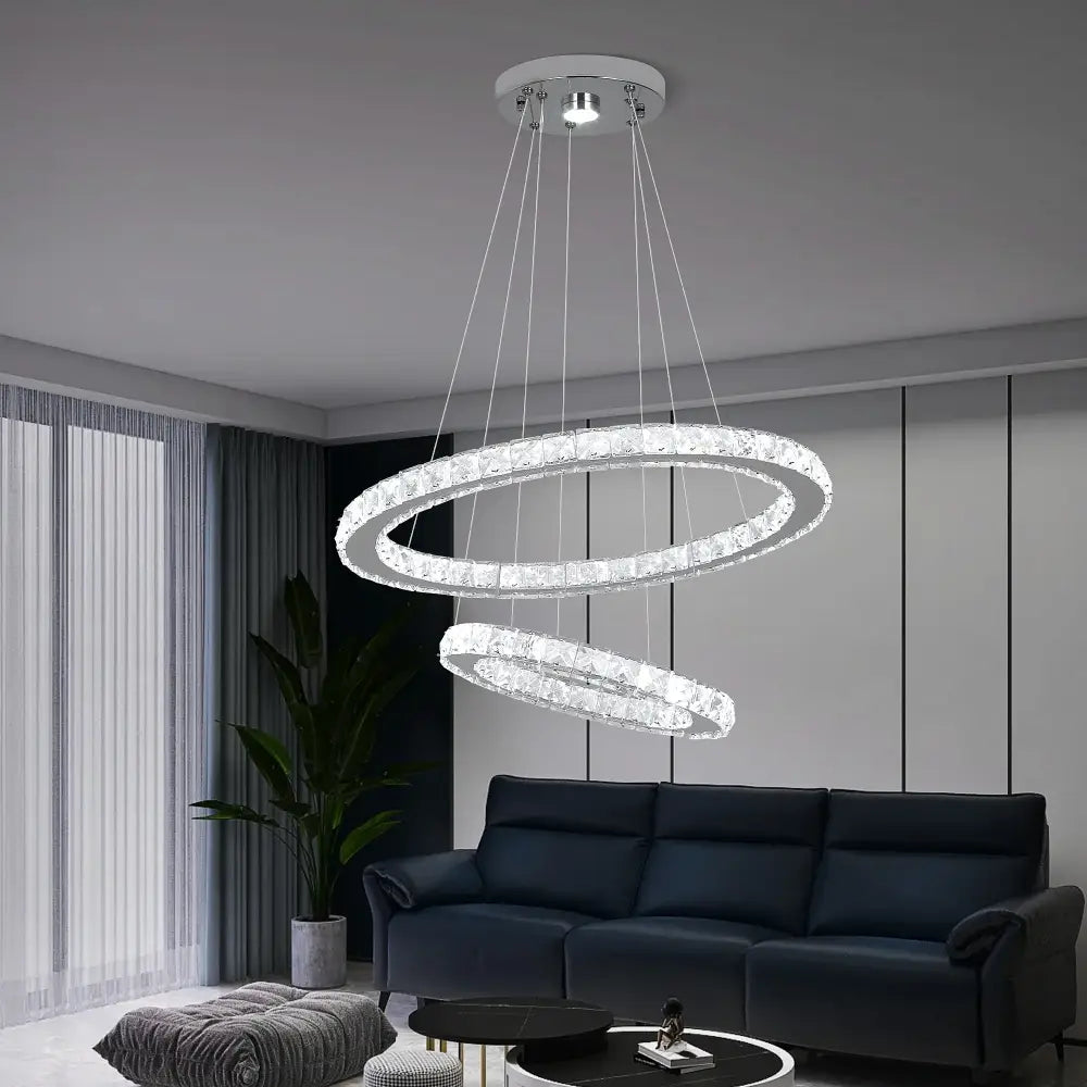 Modern chrome crystal ring chandelier pendant light with double crystal-encrusted rings for elegant dining room decorbites decor