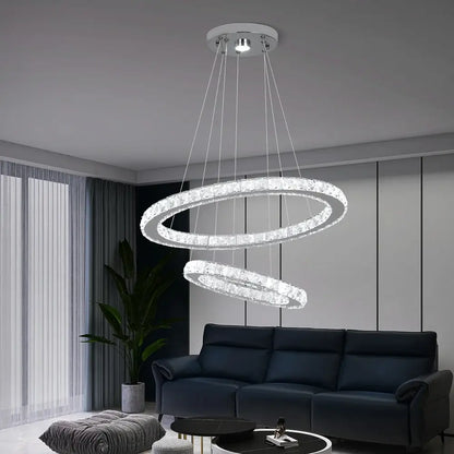 Modern chrome crystal ring chandelier pendant light with double crystal-encrusted rings for elegant dining room decorbites decor