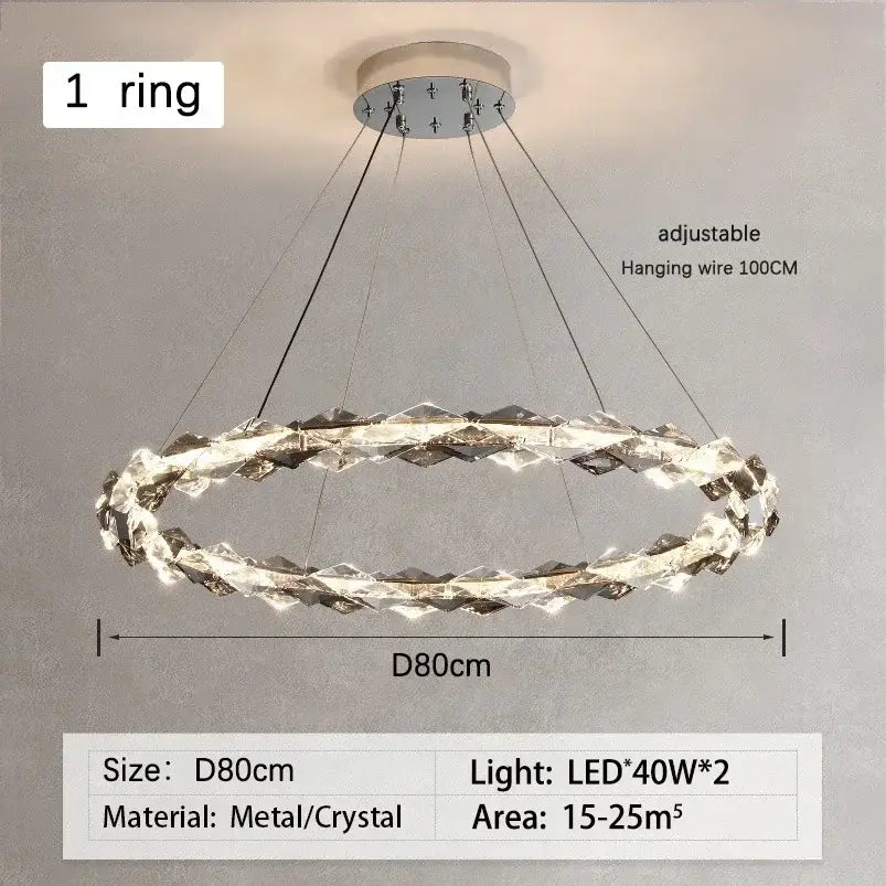 Modern chrome crystal ring chandelier with metallic base and dimmable led for dining room decorbites crystal ring