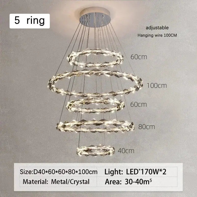 Modern chrome decorbites crystal ring chandelier with metallic and crystal rings and adjustable hanging wires for dining room decor