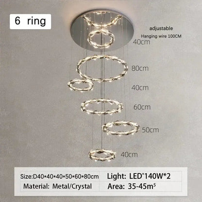Modern chrome crystal ring chandelier with six metallic rings and dimmable led lights for contemporary dining room decorbites crystal ring