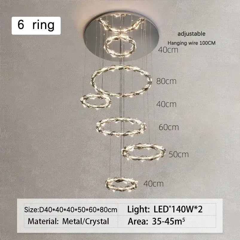Modern chrome crystal ring chandelier with six metallic rings and dimmable led lights for contemporary dining room decorbites crystal ring