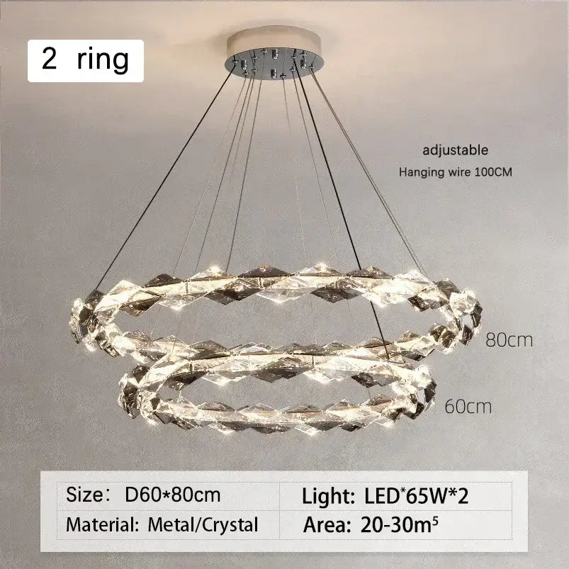 Modern chrome dimmable led crystal ring chandelier with interlocking tiers and metallic frame for dining room decorbites crystal ring