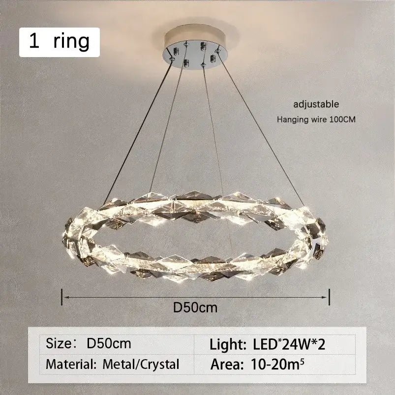 Modern chrome decorbites crystal ring chandelier with metallic frame and faceted crystals for dining room lighting