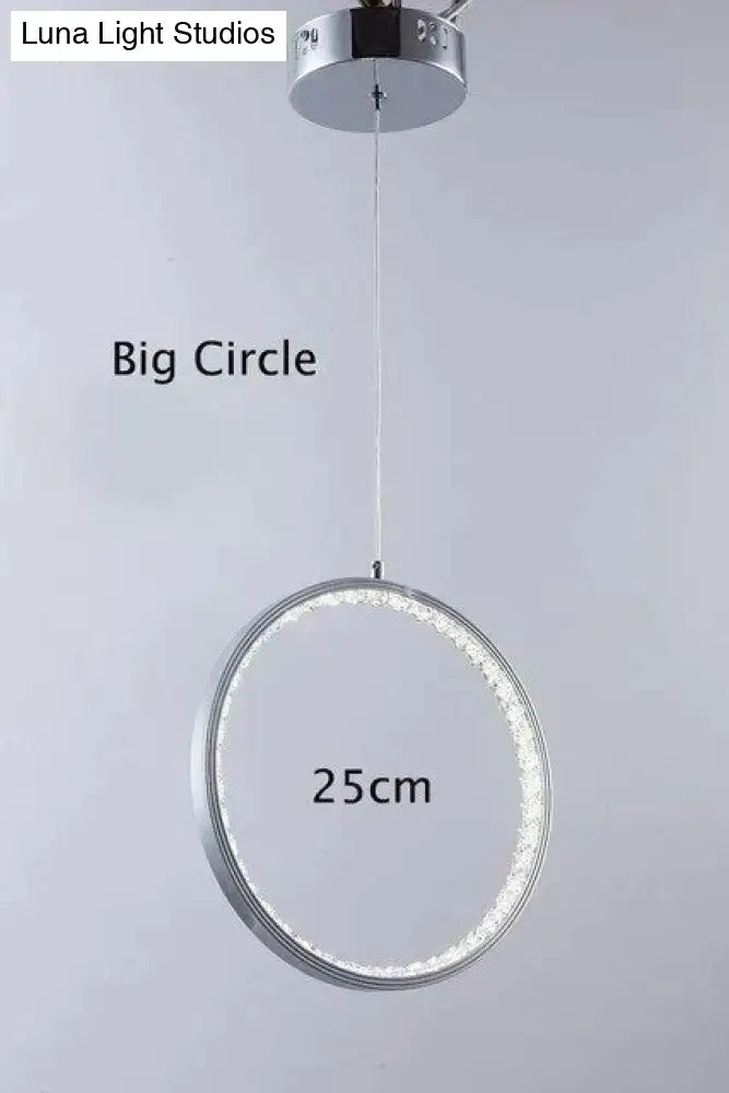 Decorbites crystal rings led pendant light fixture with polished chrome finish and embedded led rings for indoor use