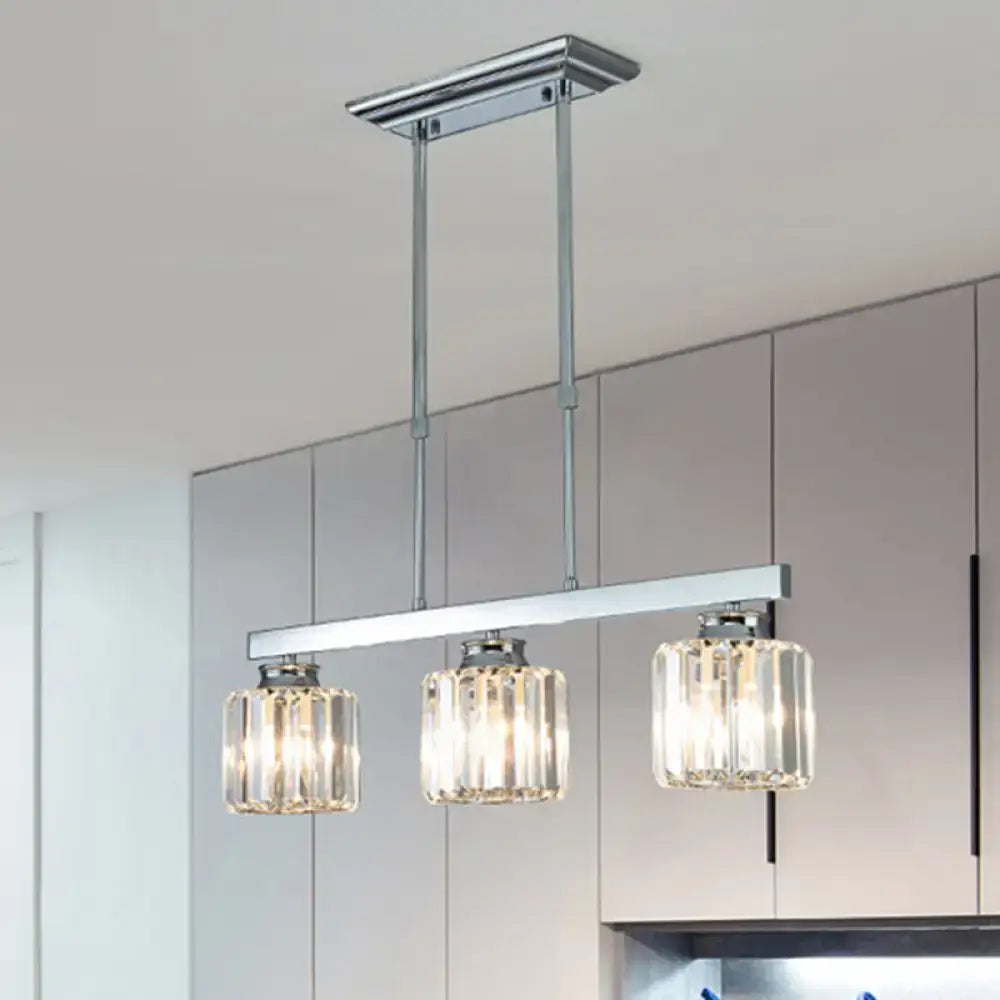 DecorBites tri-sided crystal rod pendant light with chrome finish and three cylindrical glass shades for dining room uses e26 e27 bulbs