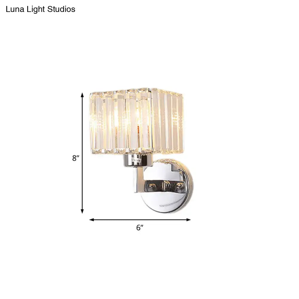 Modern chrome crystal wall sconce light with rectangular faceted glass rod shade for hallway wall mount