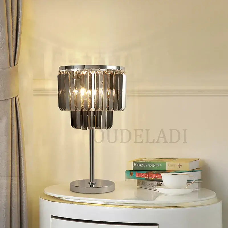 Modern chrome crystal table lamps with a sleek base and faceted prisms for elegant living room decorbites crystal table lamps