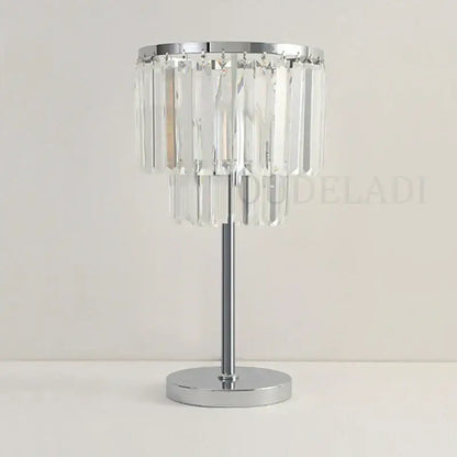 A sleek chrome crystal table lamp with cascading clear prisms for modern living room decorbites crystal table lamps