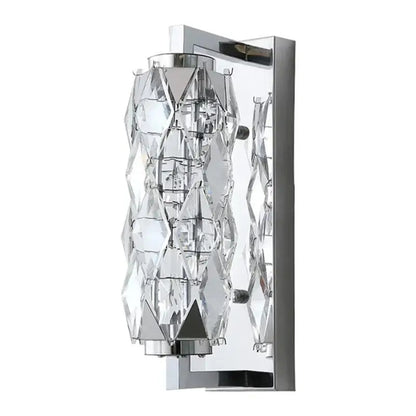Modern chrome crystal wall lamp featuring cascading faceted crystal elements for luxury bedroom lighting decorbites crystal wall