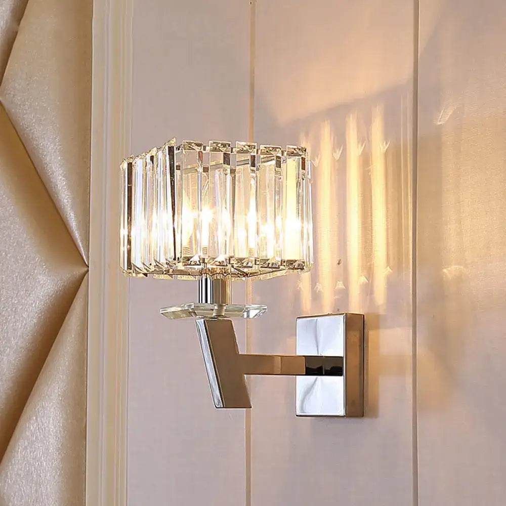 Modern chrome crystal wall light with faceted glass panels and sleek bracket for direct wired electric power source