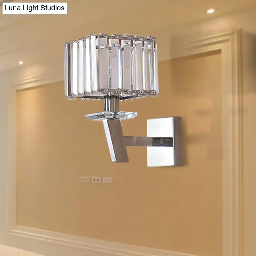 Modern chrome crystal wall light with rectangular faceted shade and polished arms for direct wired electric power source