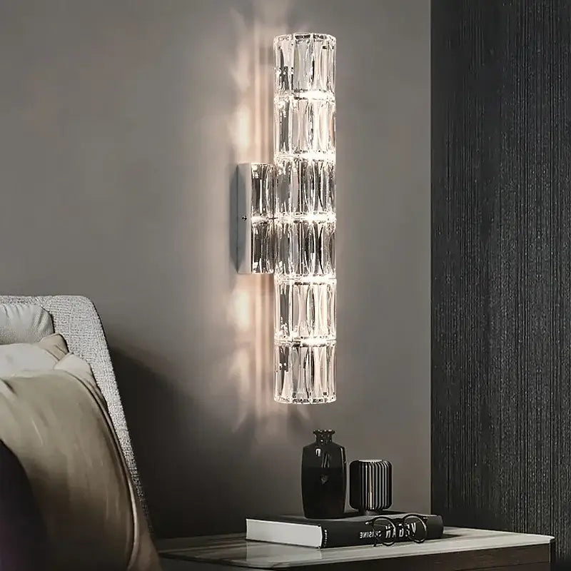 Modern chrome crystal wall light featuring a clear faceted crystal vertical sconce for luxury living room decorbites crystal wall