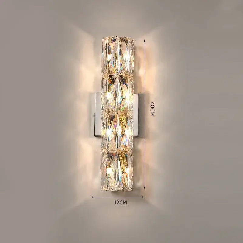 Modern chrome crystal wall light featuring stacked crystal segments and a polished chrome backplate for luxury decorbites wall light