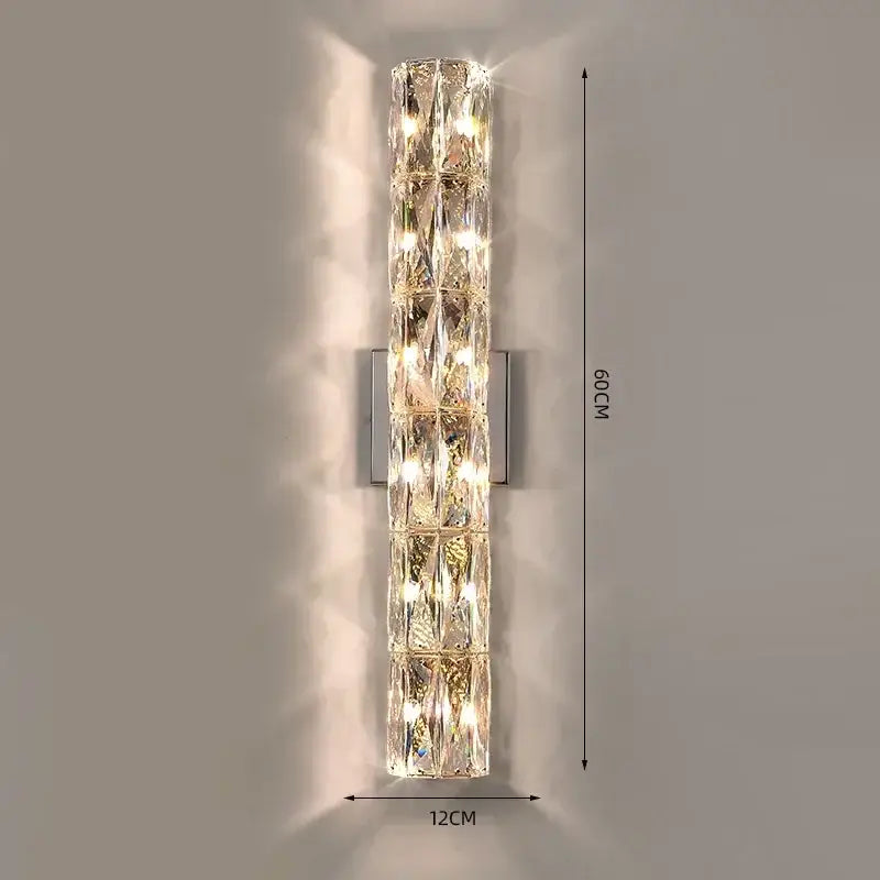 Modern chrome crystal wall light with vertical clear crystal segments and warm led lights for living room decorbites crystal wall