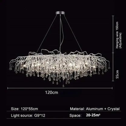 A modern chrome crystal water drop branch chandelier with clear crystal droplets and aluminum frame for living rooms