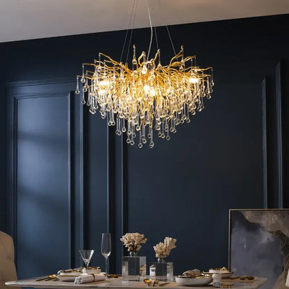 Modern chrome branch chandelier with golden frame and crystal water drop droplets for living room lighting