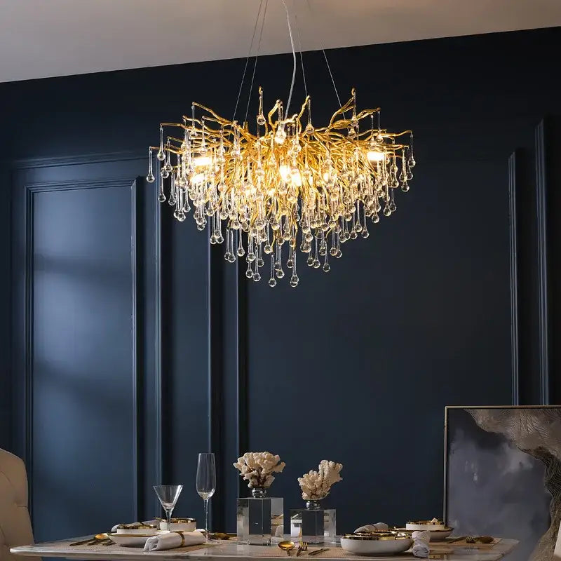 Modern chrome branch chandelier with golden frame and crystal water drop droplets for living room lighting