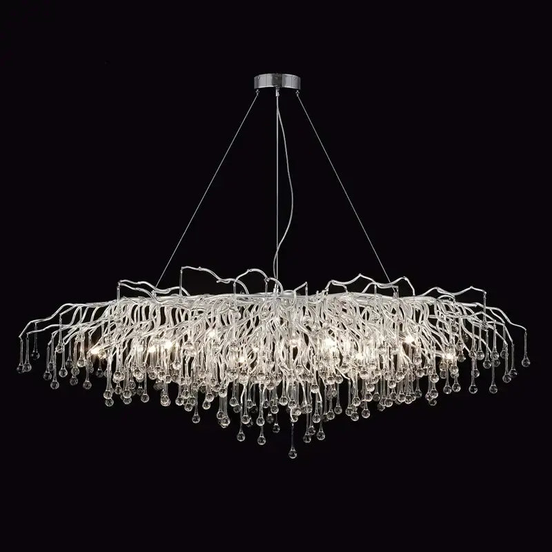 Modern chrome crystal water drop branch chandelier with a circular mount and cascading glass arms for living room light
