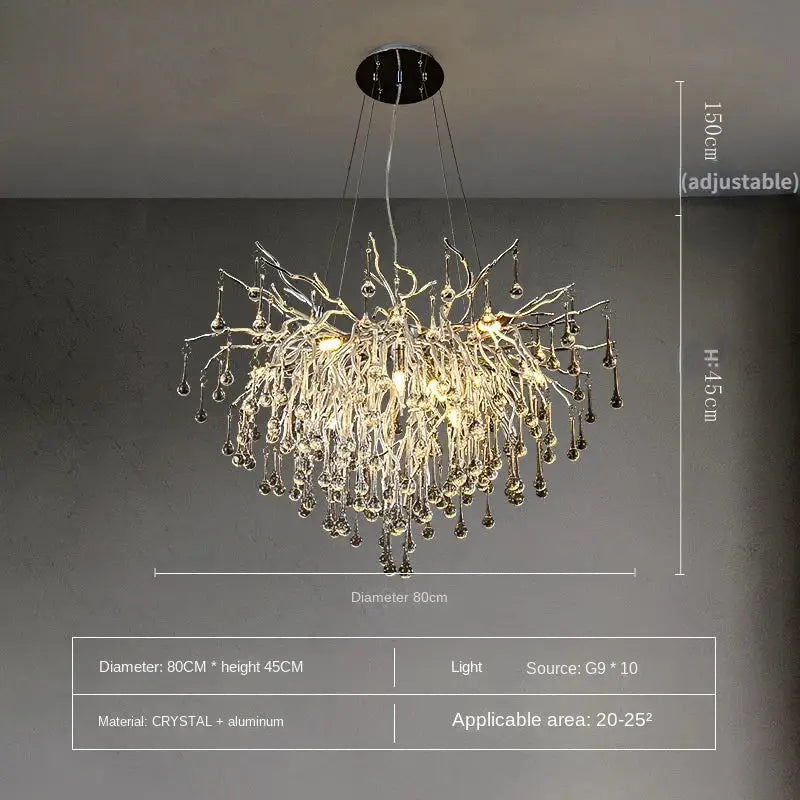 Modern chrome crystal water drop branch chandelier with clear crystal and aluminum for living room lighting