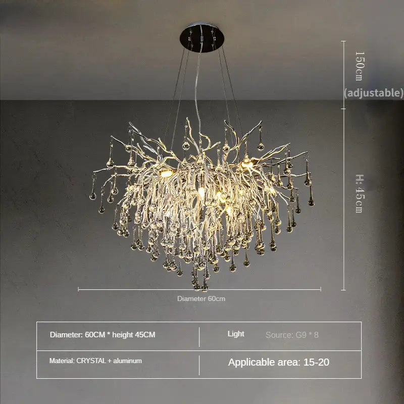 Elegant modern chrome crystal water drop branch chandelier with metallic aluminum frame for living room lighting