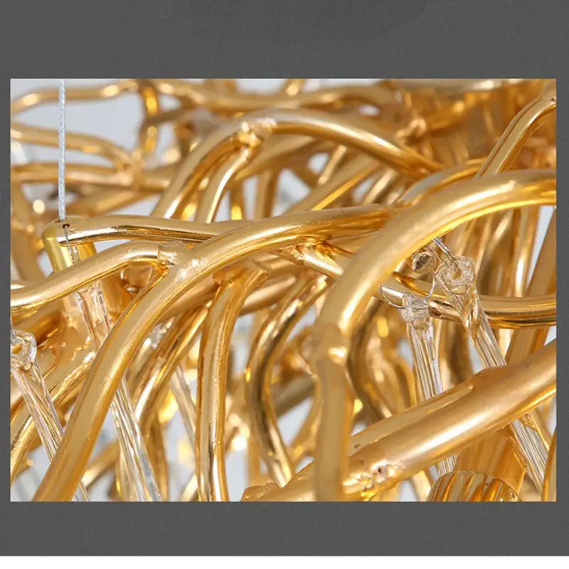Modern chrome crystal water drop branch chandelier with golden woven design and clear glass accents for living room light