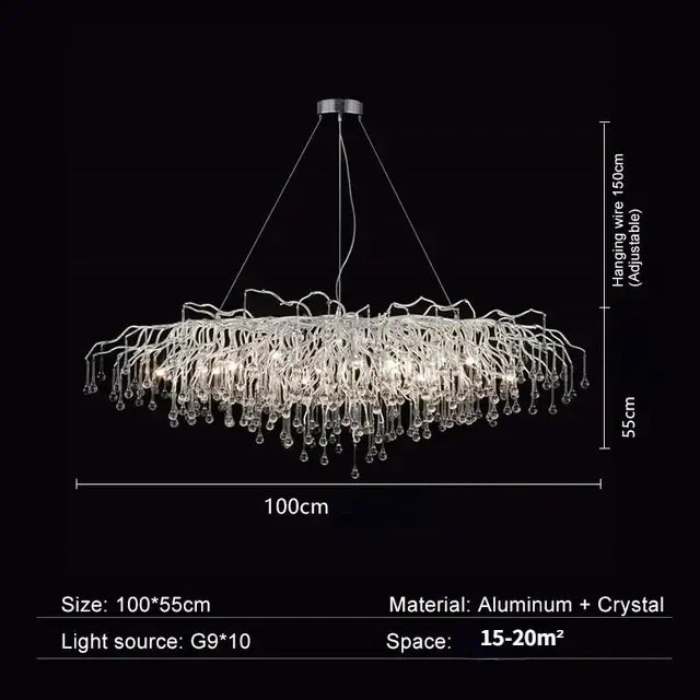 Modern chrome crystal water drop branch chandelier with aluminum and crystal for elegant living room lighting